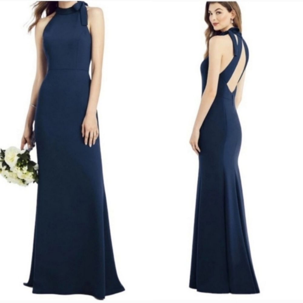 AFTER SIX Midnight Navy Crepe Halter Dress With Bow Neck Dress Size 0